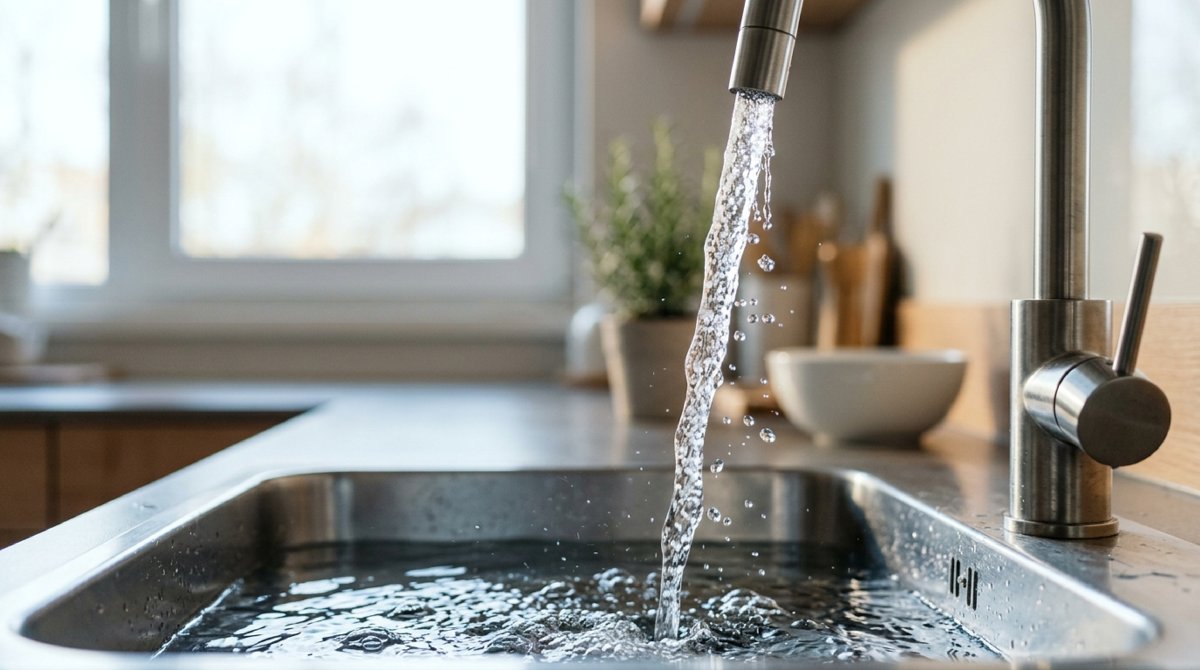 Wasserstrahl aus einem modernen Armaturenhahn im Gegenlicht