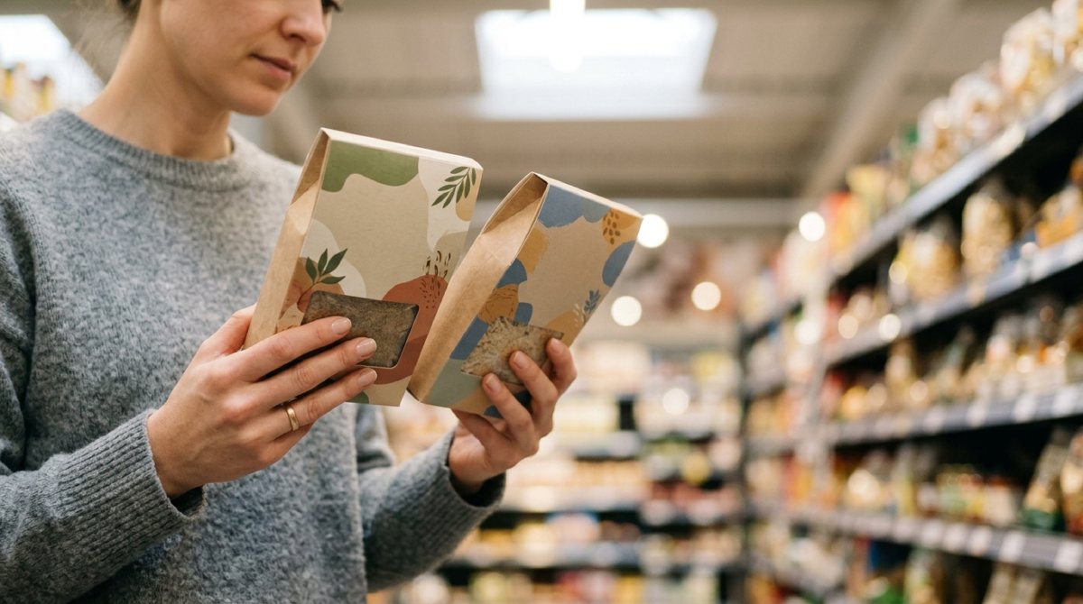 Person vergleicht zwei Lebensmittelpackungen in einem hellen Supermarktgang