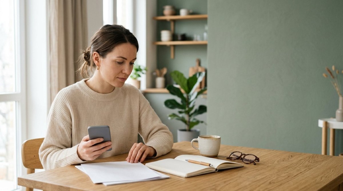 Frau am hellen Küchentisch prüft mit Smartphone und Notizbuch ihren Mobilfunkvertrag