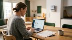 Person am hellen Holztisch vergleicht am Laptop Stromtarife, daneben eine Jahresabrechnung, ein Stift und eine Tasse Kaffee, im Hintergrund ein Stromzähler