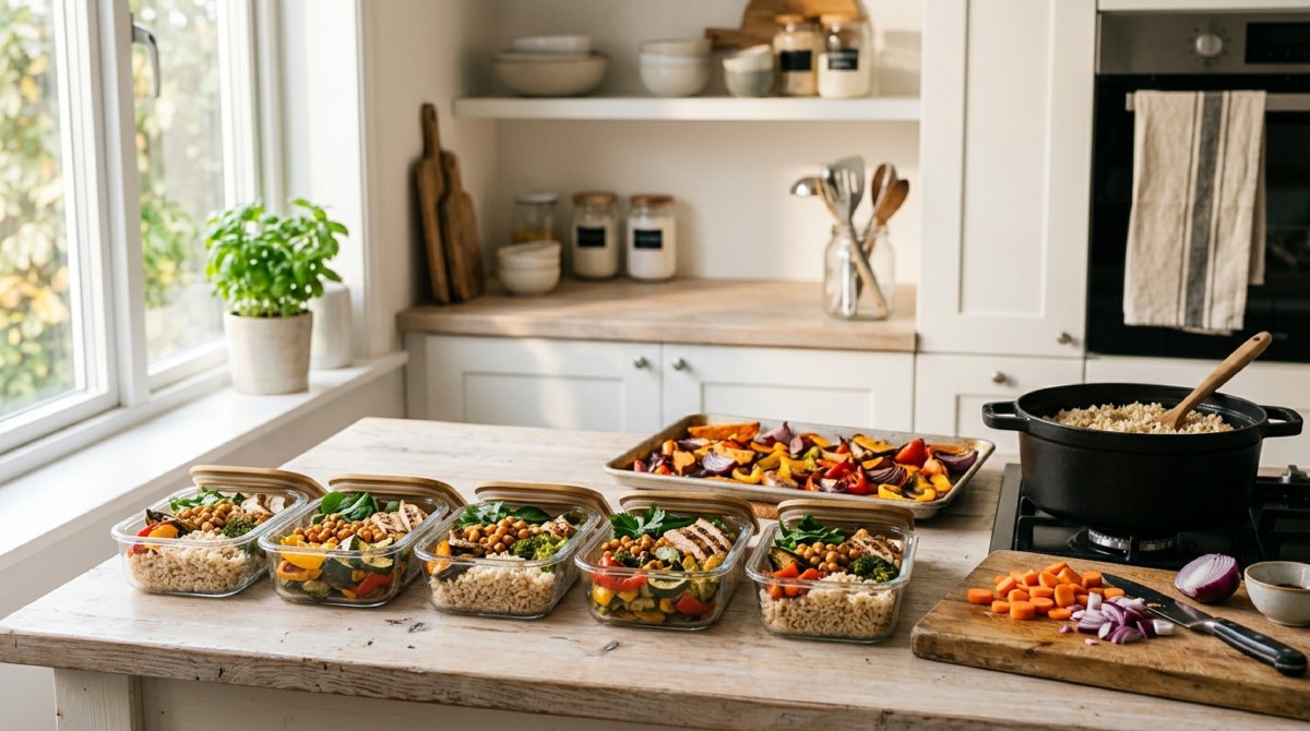 Fünf gefüllte Meal-Prep-Boxen mit Reis, Gemüse, Kichererbsen und Hähnchen auf einem Holztisch in heller Küche, daneben ein Topf Reis und ein Schneidebrett