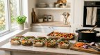 Fünf gefüllte Meal-Prep-Boxen mit Reis, Gemüse, Kichererbsen und Hähnchen auf einem Holztisch in heller Küche, daneben ein Topf Reis und ein Schneidebrett