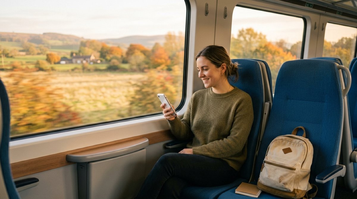 Lächelnde junge Frau sitzt am Fenster eines hellen Fernzugs und schaut auf ihr Smartphone, neben ihr ein Rucksack, draußen eine sonnige Herbstlandschaft