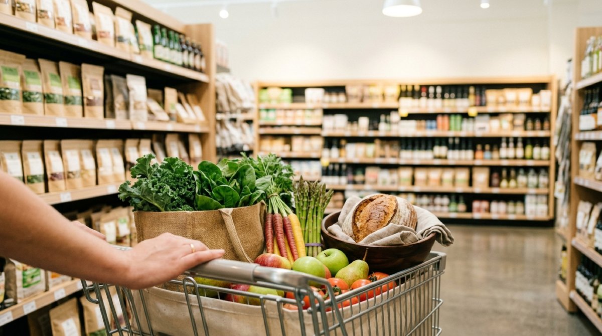 Einkaufswagen mit frischen Lebensmitteln in einem hellen Supermarktgang