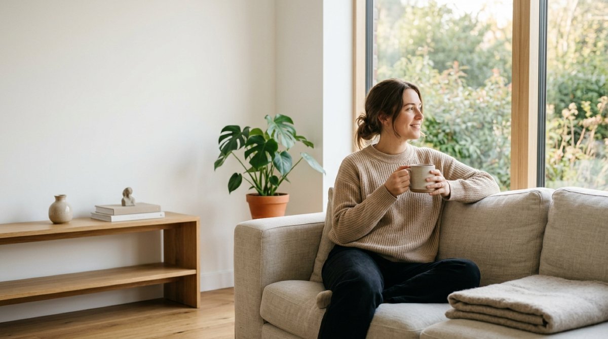 Junge Frau mit Kaffeetasse sitzt entspannt auf einem hellen Sofa in einem aufgeräumten, minimalistisch eingerichteten Wohnzimmer mit Zimmerpflanze und viel freier Fläche