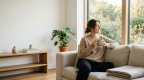 Junge Frau mit Kaffeetasse sitzt entspannt auf einem hellen Sofa in einem aufgeräumten, minimalistisch eingerichteten Wohnzimmer mit Zimmerpflanze und viel freier Fläche