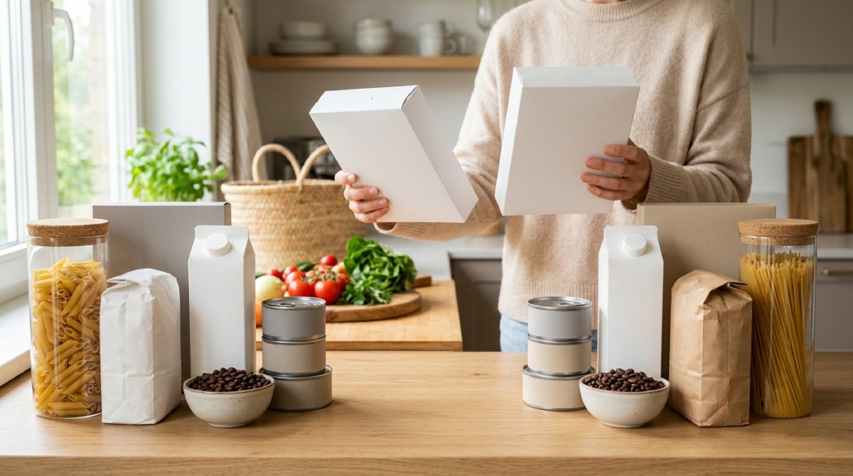 Hände halten zwei schlichte Müslipackungen zum Vergleich über einer Küchenarbeitsplatte mit unbeschrifteten Nudelgläsern, Milchkartons, Dosen und Kaffeebohnen