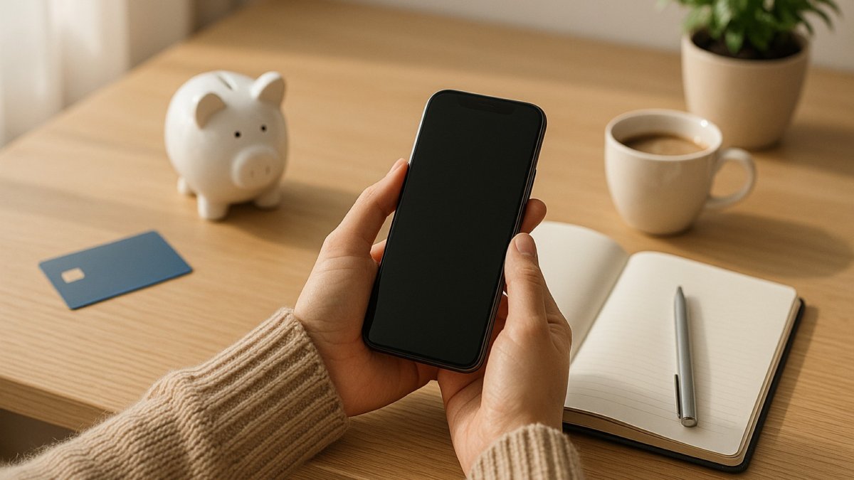 Hände halten ein Smartphone mit dunklem Bildschirm über einem hellen Schreibtisch mit unbeschrifteter Bankkarte, Sparschwein, Notizbuch und Kaffeetasse im Morgenlicht