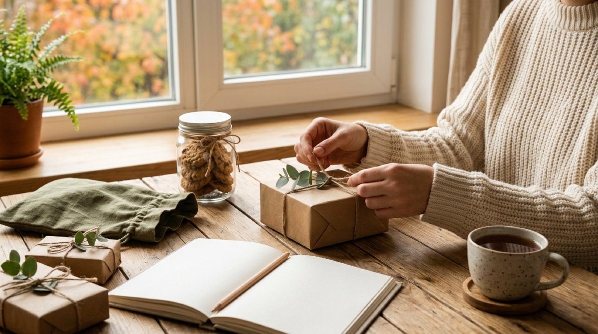Hände im cremefarbenen Strickpullover verpacken ein Geschenk in braunem Kraftpapier mit Kordel und Eukalyptuszweig auf einem Holztisch am Fenster im Herbstlicht