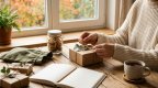 Hände im cremefarbenen Strickpullover verpacken ein Geschenk in braunem Kraftpapier mit Kordel und Eukalyptuszweig auf einem Holztisch am Fenster im Herbstlicht