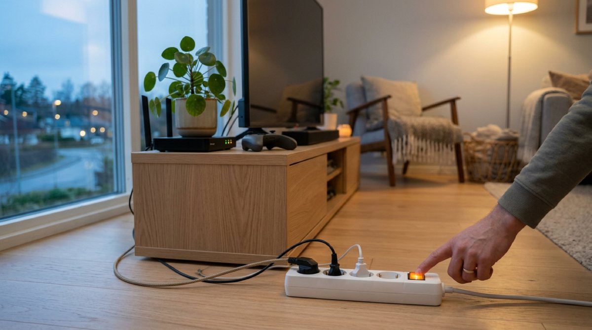Hand schaltet eine weiße Steckdosenleiste neben einem TV-Sideboard mit Router, Fernseher und Spielcontroller in einem gemütlichen Wohnzimmer am Abend aus