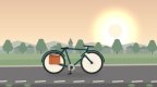 Flache Illustration eines Trekkingrads mit Gepäckträgertaschen am Radweg vor einer Kleinstadt mit Hügeln und Bäumen im warmen Abendlicht