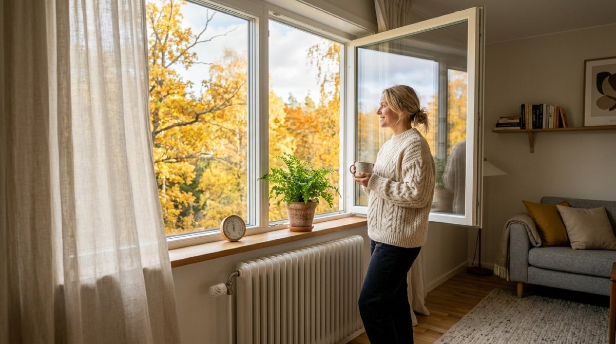 Person im Strickpullover mit Teetasse steht am weit geöffneten Fenster eines hellen Wohnzimmers, darunter ein Heizkörper, auf der Fensterbank Hygrometer und Grünpflanze, draußen Herbstbäume