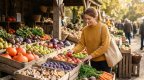 Frau im senfgelben Strickpullover mit Stoffbeutel wählt an einem herbstlichen Marktstand einen Apfel aus, davor Holzkisten mit Kürbissen, Äpfeln, Birnen, Pflaumen, Rotkohl, Möhren und Pilzen