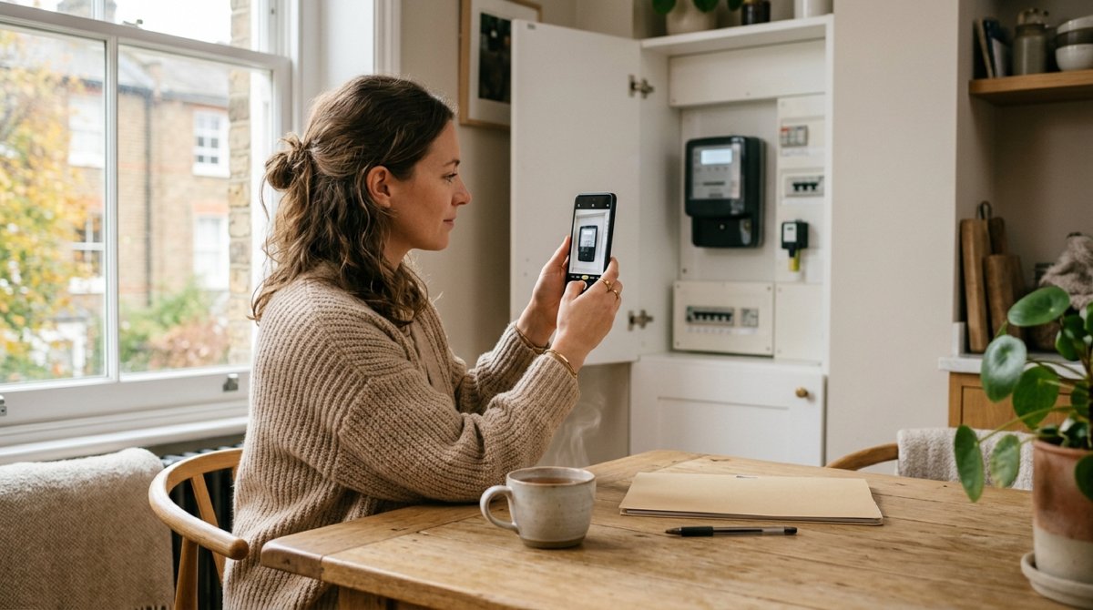 Frau im beigen Strickpullover sitzt am Holztisch in einer hellen Küche und fotografiert mit dem Smartphone den Stromzähler im geöffneten Wandschrank, davor Tee, Mappe und Stift