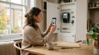 Frau im beigen Strickpullover sitzt am Holztisch in einer hellen Küche und fotografiert mit dem Smartphone den Stromzähler im geöffneten Wandschrank, davor Tee, Mappe und Stift