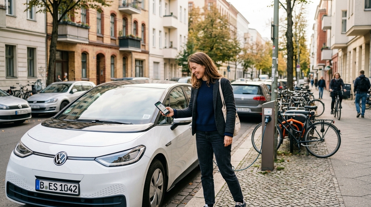 Frau schließt mit dem Smartphone ein Carsharing-Auto auf einer Straße in der Stadt auf