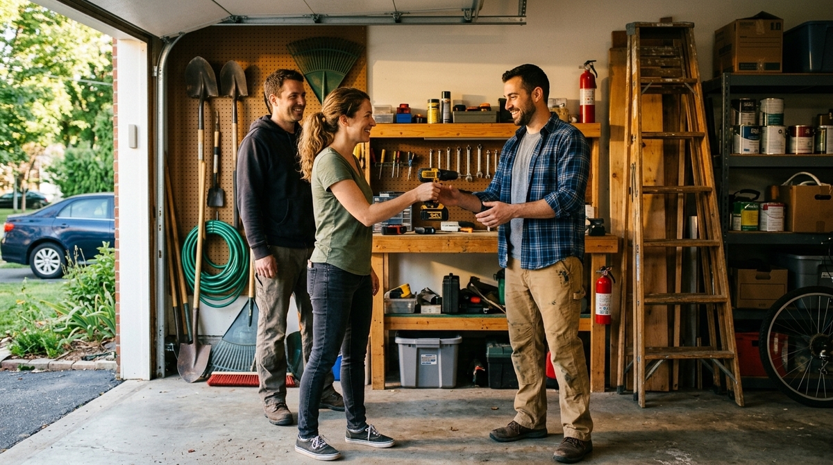 Nachbarn leihen sich in einer Garage eine Bohrmaschine statt sie neu zu kaufen