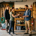 Nachbarn leihen sich in einer Garage eine Bohrmaschine statt sie neu zu kaufen