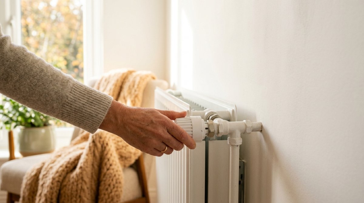 Hand stellt ein Thermostatventil an einem Heizkörper ein