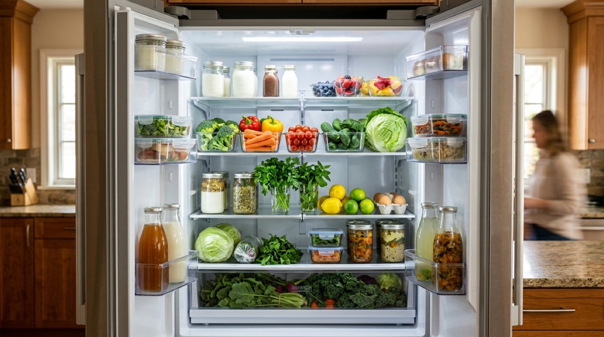 Gut sortierter offener Kühlschrank mit frischen Lebensmitteln