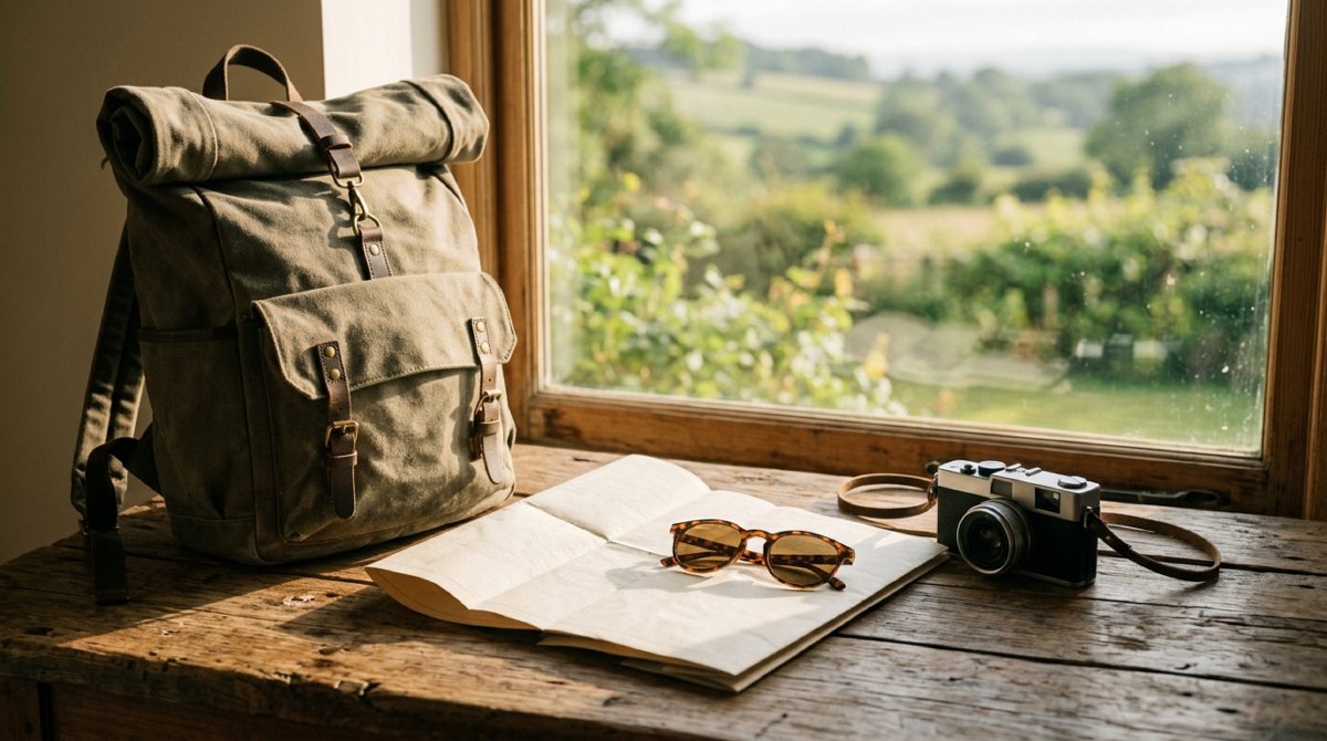 Gepackter Rucksack und Landkarte auf einem Holztisch am Fenster
