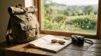 Gepackter Rucksack und Landkarte auf einem Holztisch am Fenster